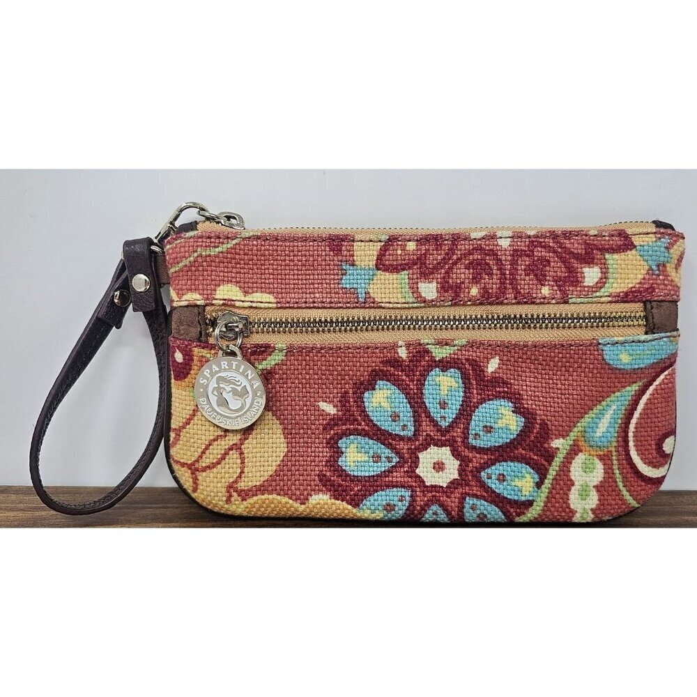 Spartina Wristlet Clutch Womens Small Linen Leather Floral Purse Bag Multicolor
